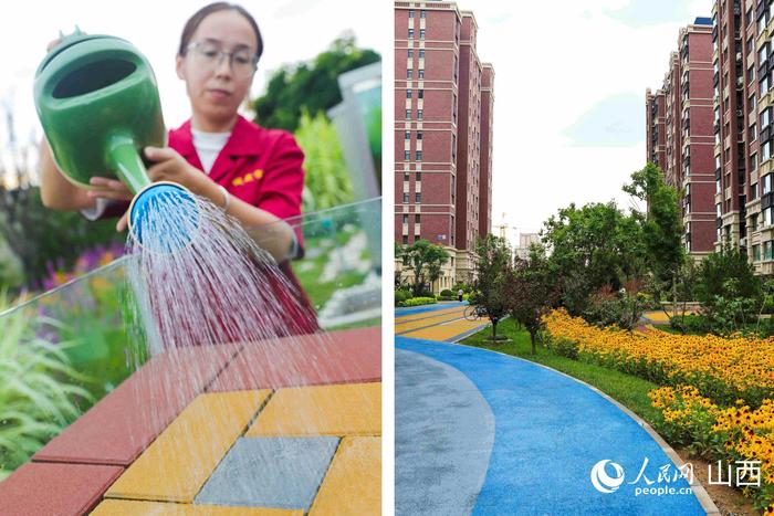 图左：长治市市政工作人员测试透水铺装路面“吸附”雨水效果；图右：住宅小区海绵建设与景观绿化有机融合。人民网记者 王帆摄